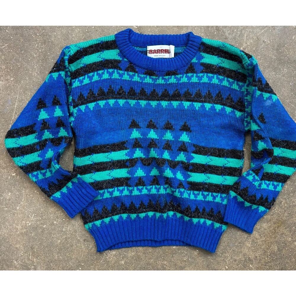Vintage Barrel Knit Sweater Kids 8 Blue Green Graphic Pattern Made in USA